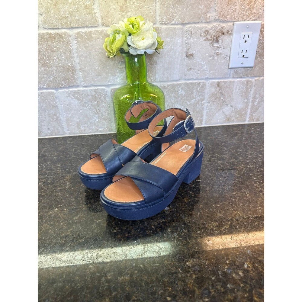FitFlop Pilar CushX Blue Leather Crisscross Ankle Strap Wedge Sandals SZ 7 NEW